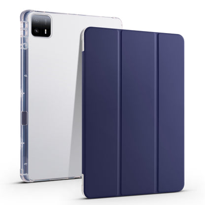 3-fold clear TPU tablet case with pen slot, dark blue folio front, transparent back
