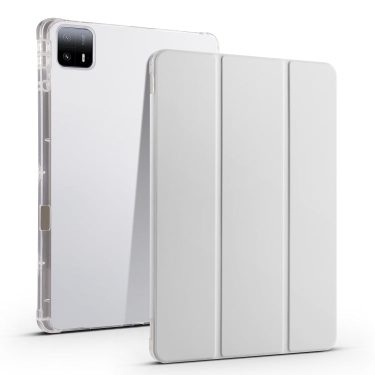 3-fold clear TPU tablet case with pen slot, white tri-fold folio, transparent back