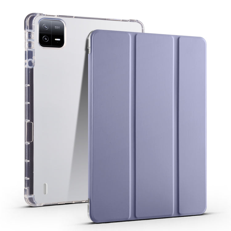 3-fold clear TPU tablet case with pen slot, purple folio front, transparent back