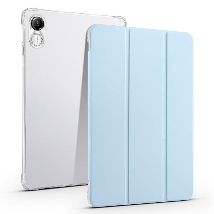 3-fold clear TPU tablet case with ice blue folding cover and transparent back shell