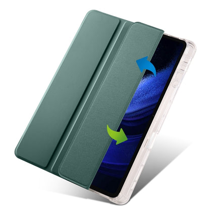 3-fold clear TPU tablet case with dark green smart cover, standing angle view