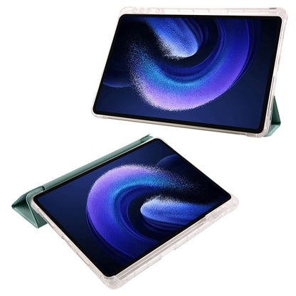 3-fold clear TPU tablet case with green smart cover and tablet stand position