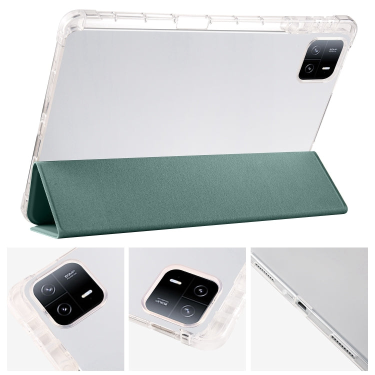 3-fold clear TPU tablet case with dark green smart cover in landscape stand