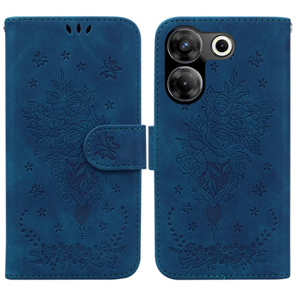 Blue butterfly rose embossed leather phone wallet case with folio flap and magnetic strap