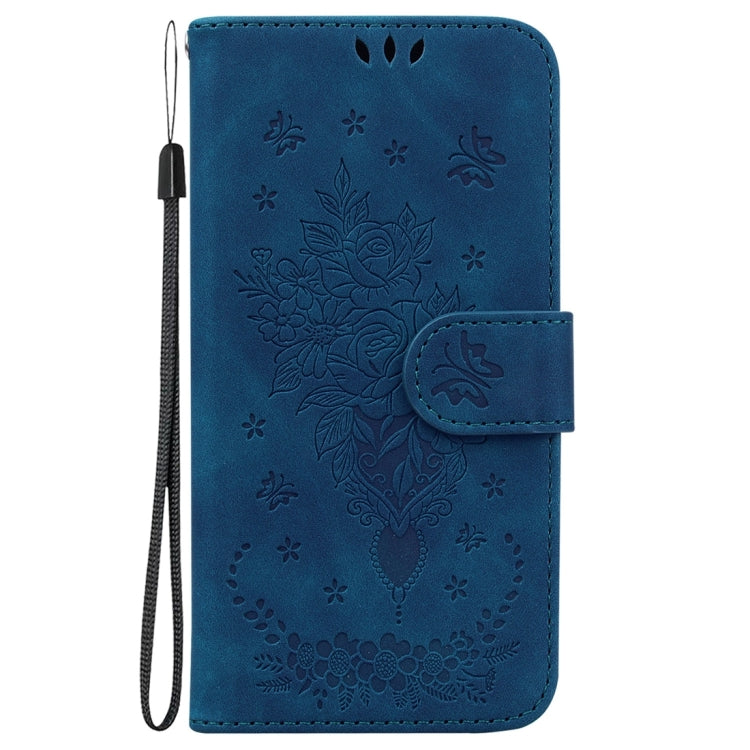 Blue butterfly rose embossed leather folio phone case with wrist strap and magnetic closure