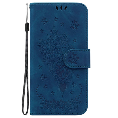 Blue butterfly rose embossed leather folio phone case with wrist strap and magnetic closure