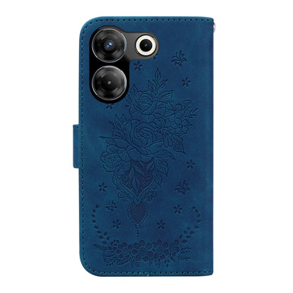 Blue butterfly rose embossed leather phone case with floral pattern and camera cutouts