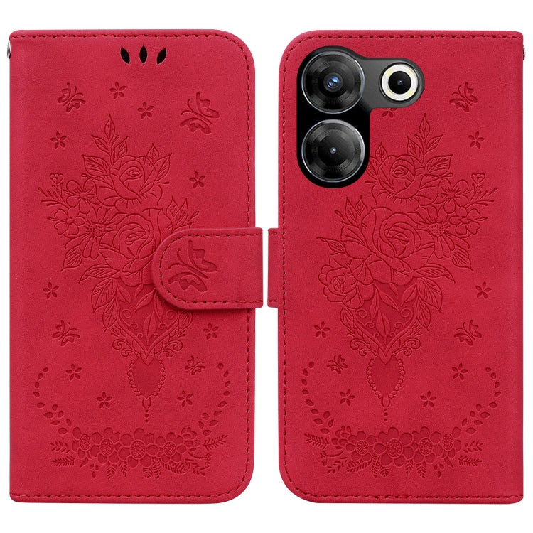 Red butterfly rose embossed leather phone wallet case with folio flap and magnetic closure