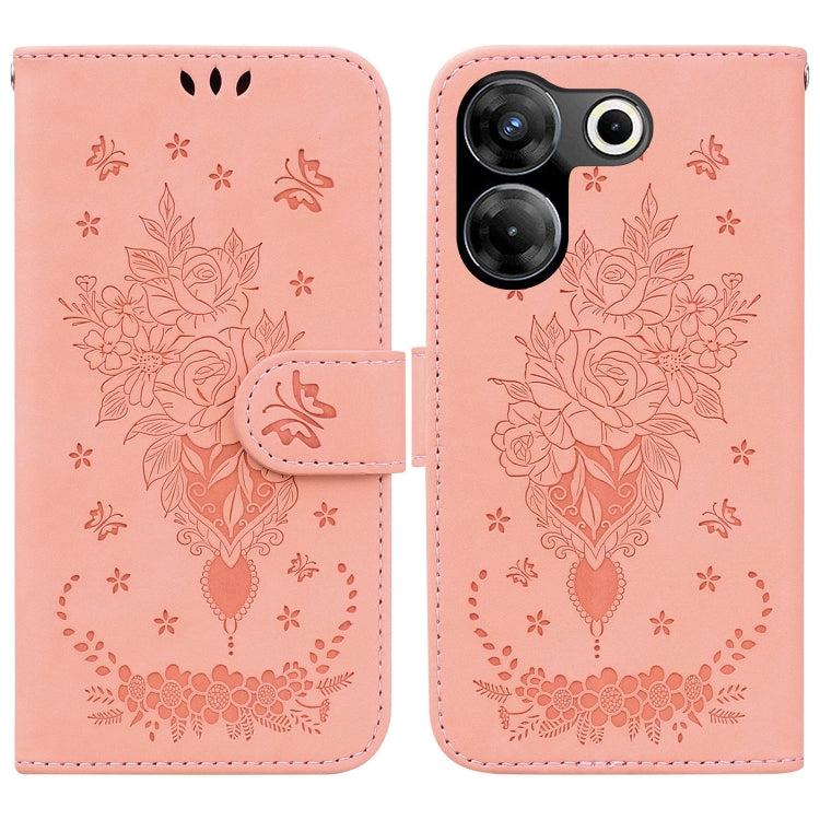 Pink butterfly rose embossed leather phone wallet case with folio flap and magnetic closure