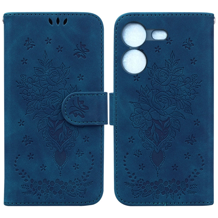 Blue leather-look folio phone case with embossed rose and butterfly heart design