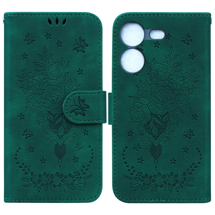 Green leather-look folio phone case with embossed rose and butterfly heart design