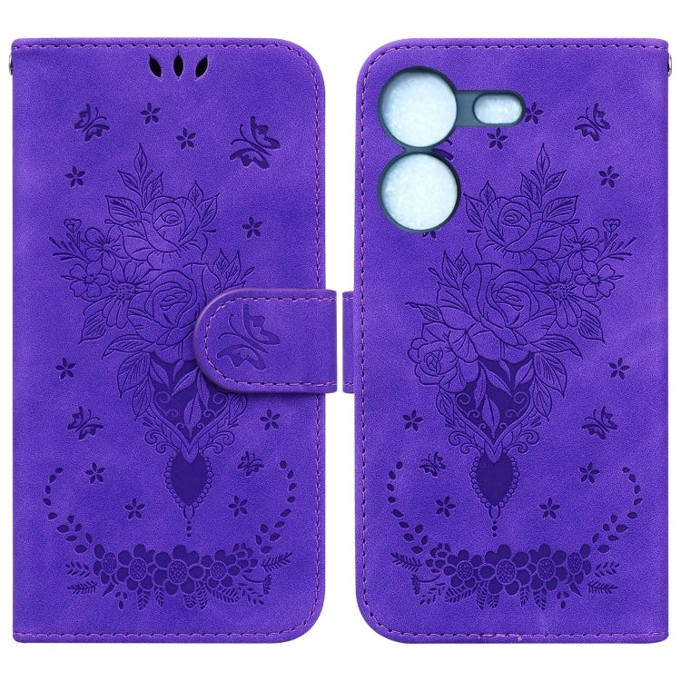Purple leather-look folio phone case with embossed rose and butterfly heart design