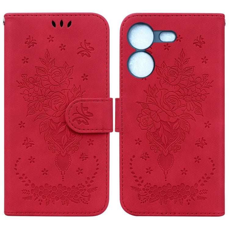 Red leather-look folio phone case with embossed rose and butterfly heart design