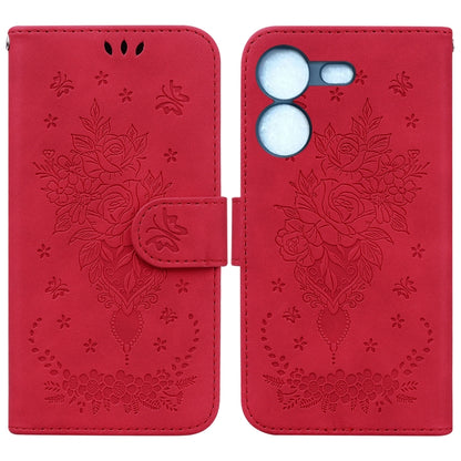Red leather-look folio phone case with embossed rose and butterfly heart design