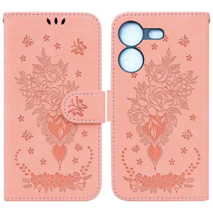 Pink leather-look folio phone case with embossed rose and butterfly heart design
