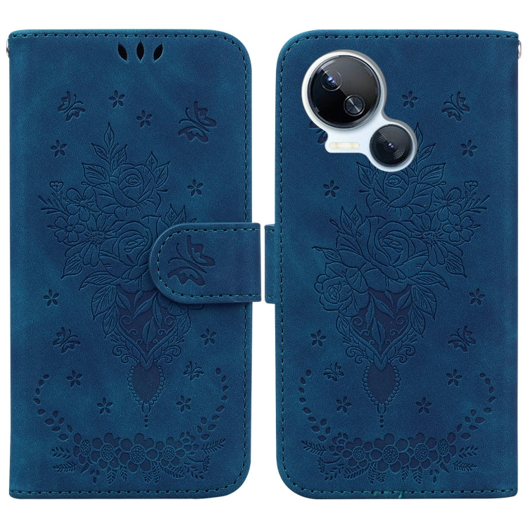 Blue leather-look folio phone case with embossed rose and butterfly heart design