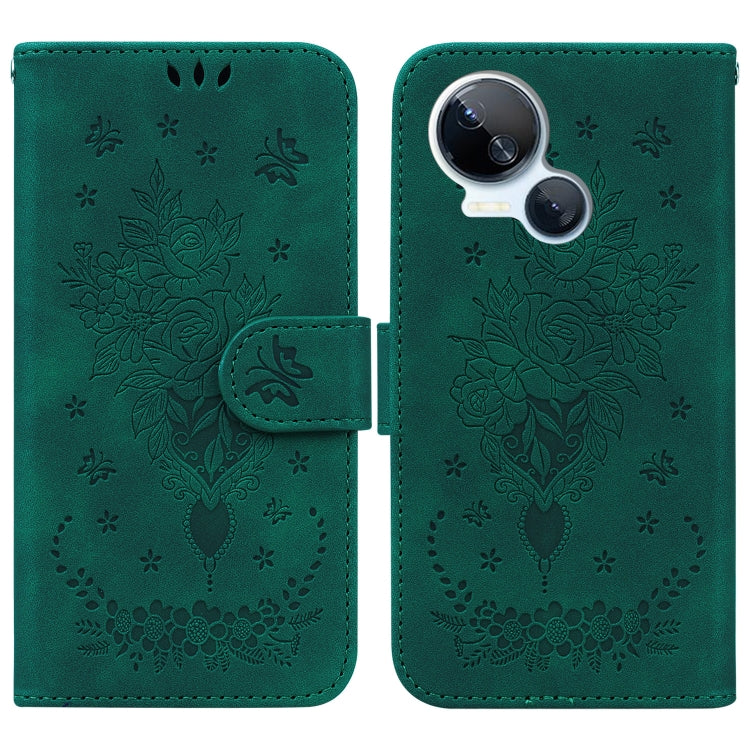 Green leather-look folio phone case with embossed rose and butterfly heart design