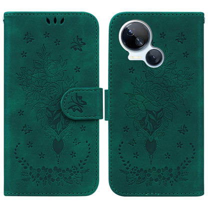 Green leather-look folio phone case with embossed rose and butterfly heart design