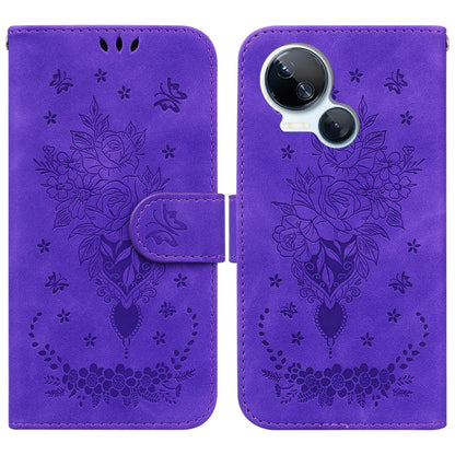 Purple leather-look folio phone case with embossed rose and butterfly heart design
