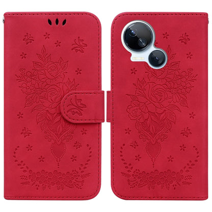 Red leather-look folio phone case with embossed rose and butterfly heart design