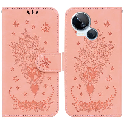 Pink leather-look folio phone case with embossed rose and butterfly heart design