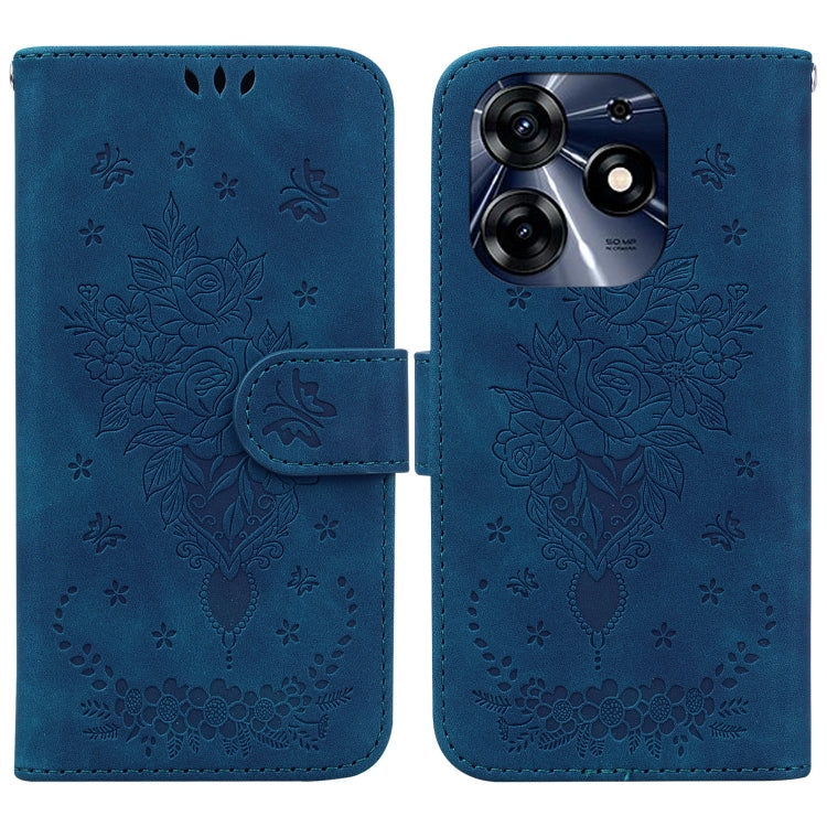 Blue embossed leather phone case with floral rose butterfly pattern and flip strap