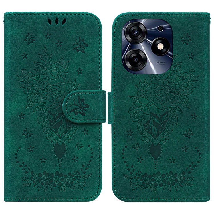 Green embossed leather phone case with floral rose butterfly pattern and flip strap