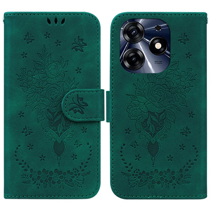 Green embossed leather phone case with floral rose butterfly pattern and flip strap