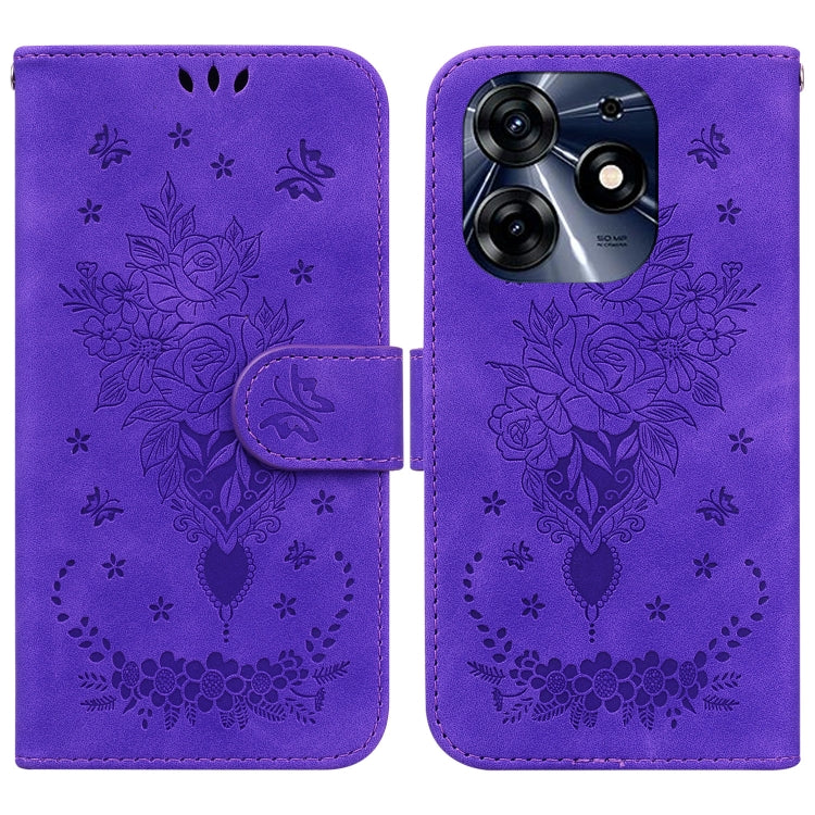 Purple embossed leather phone case with floral rose butterfly pattern and flip strap