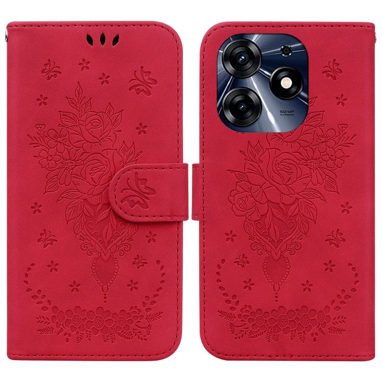 Red embossed leather phone case with floral rose butterfly pattern and flip strap