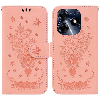 Pink embossed leather phone case with floral rose butterfly pattern and flip strap