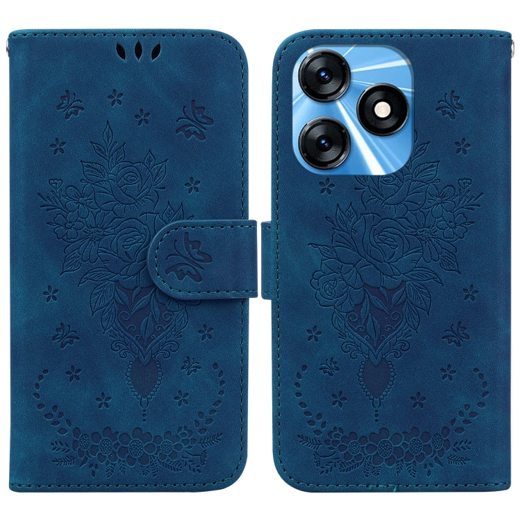 Blue embossed leather phone case with floral rose butterfly motif and flip cover