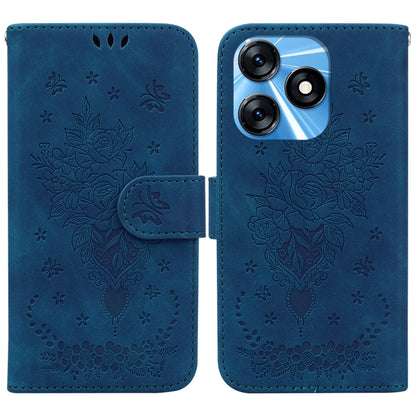 Blue embossed leather phone case with floral rose butterfly motif and flip cover