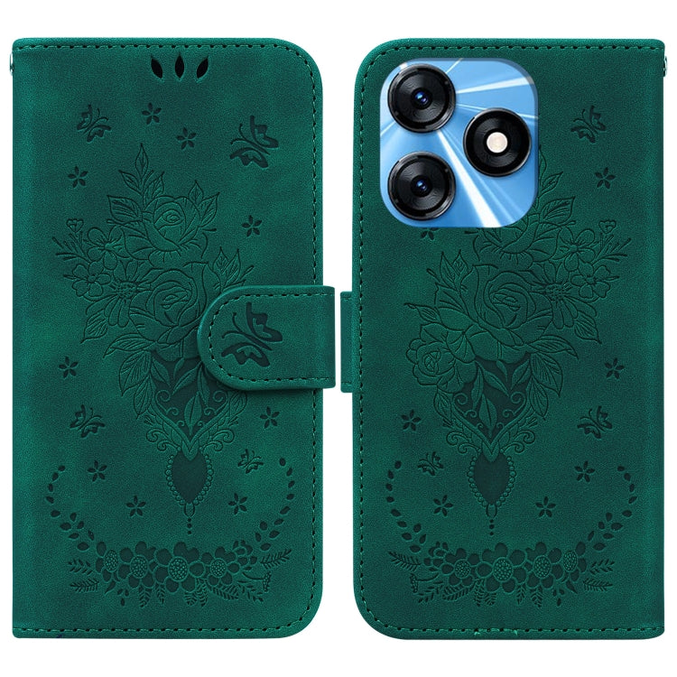 Green embossed leather phone case with floral rose butterfly motif and flip cover