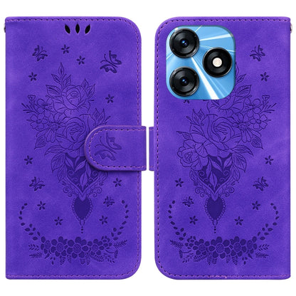 Purple embossed leather phone case with floral rose butterfly motif and flip cover