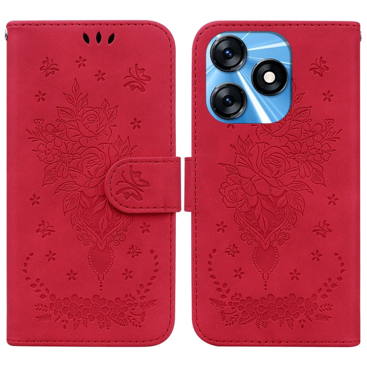 Red embossed leather phone case with floral rose butterfly motif and flip cover
