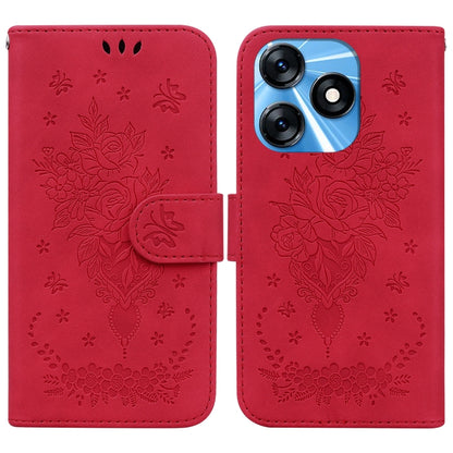 Red embossed leather phone case with floral rose butterfly motif and flip cover