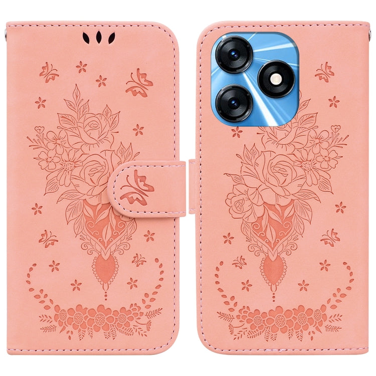 Pink embossed leather phone case with floral rose butterfly motif and flip cover