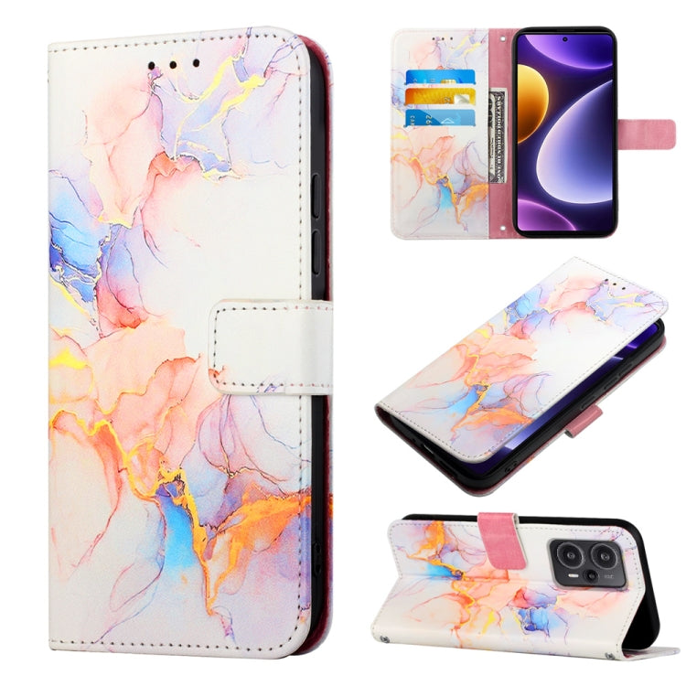 White marble pattern flip leather phone case with pink, orange, and blue veining