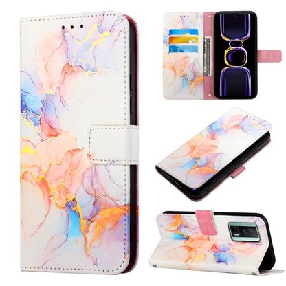 Flip leather phone case with white and colorful marble pattern, stand-cover design