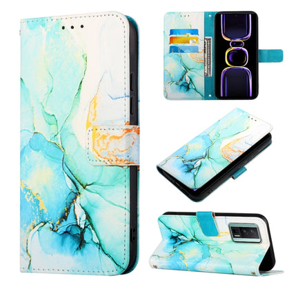 Flip leather phone case with blue green marble pattern and magnetic folio flap