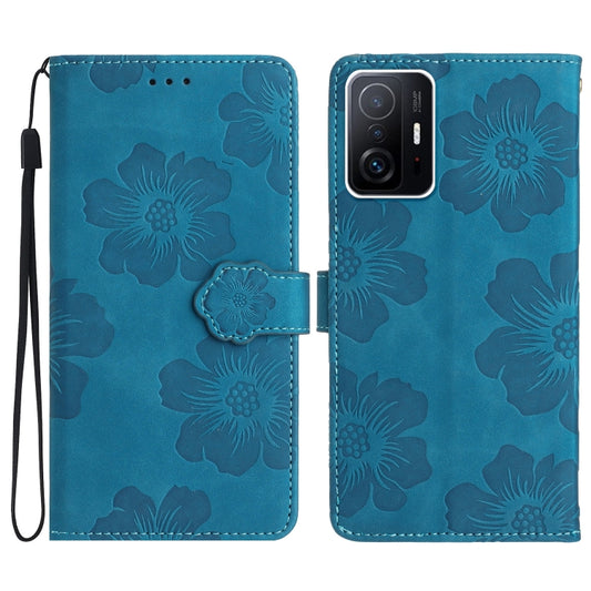 Blue floral embossed leather wallet phone case with magnetic strap and wrist lanyard