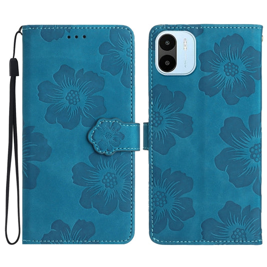 Blue embossed floral leather phone wallet case with magnetic strap and lanyard.