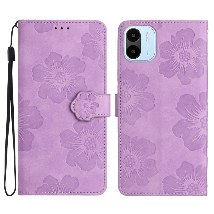 Purple embossed floral leather phone wallet case with magnetic strap and lanyard.