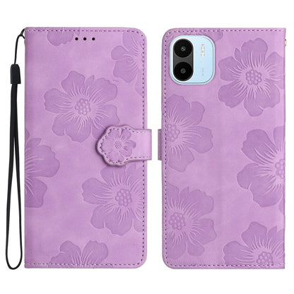 Purple embossed floral leather phone wallet case with magnetic strap and lanyard.