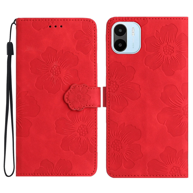Red embossed floral leather phone wallet case with magnetic strap and lanyard.