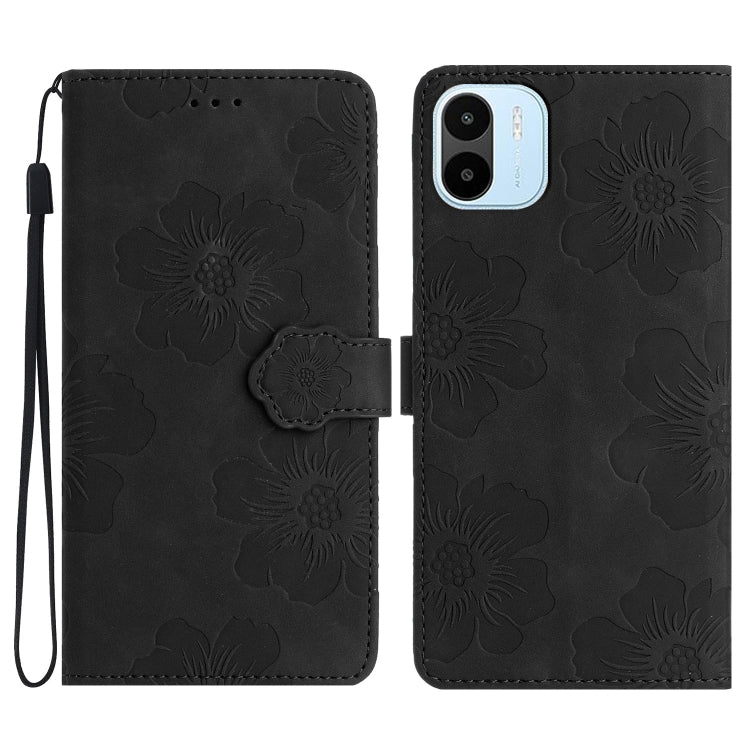 Black embossed flower leather wallet phone case with magnetic flap and wrist strap