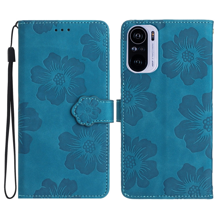 Blue embossed flower leather wallet phone case with magnetic flap and wrist strap