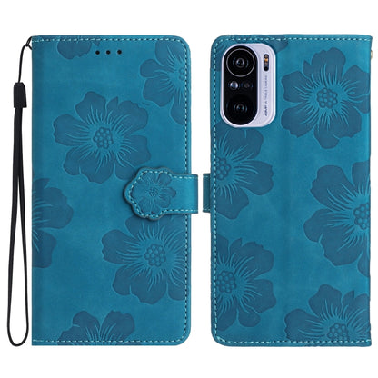 Blue embossed flower leather wallet phone case with magnetic flap and wrist strap