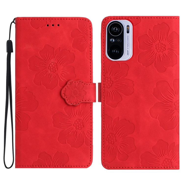 Red embossed flower leather wallet phone case with magnetic flap and wrist strap